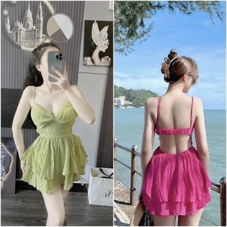 Đầm xòe 2 dây hở lưng đi biển hack dáng chất xốp chỉ cao cấp màu rực rỡ tỏa sáng - Như Ý