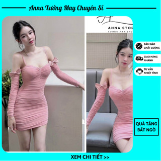 Đầm Body Trễ Vai Tay Dài Đính Nơ Phom Ngắn Chất Thun Gân M1259