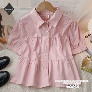 Áo sơ mi ngắn tay màu hồng nữ mùa hè mới phiên bản Hàn Quốc dáng rộng và mỏng đa năng màu trơn áo len ngắn tay áo len crop top