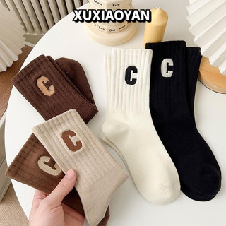 XUXIAOYAN  Tất Cổ Cao Nữ Họa Tiết Chữ C, Vỡ Cổ Cao Họa Tiết Chữ C Vải Cotton Mềm Mịn