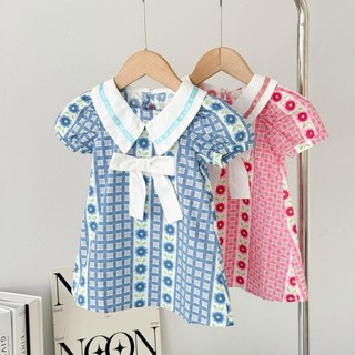  Váy hoa cổ nhọn trắng phối nơ, chất liệu thô cotton mềm mại thấm hút OP2362