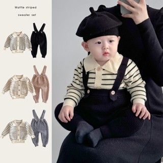 0-2 Tuổi Bé Gái Bé Trai Cổ Áo Polo Sọc Dài Tay Áo + Dây Đeo Quần Waffle Bộ Hai Mảnh