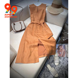 Tính khí Pháp Cao cấp Tinh tế Cảm giác cao cấp siêu đẹp hình quả lê màu cam Váy vải lanh không tay hẹp mùa hè