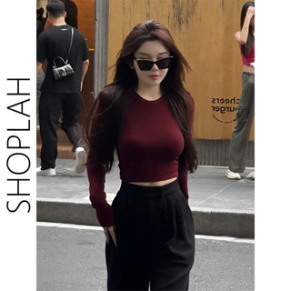 Áo mặc trong màu đỏ rượu Jiashucheng áo dài tay eo kẹp mẫu ngắn phối trong mùa thu đông mẫu mới cho nữ