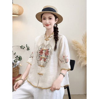 Áo Sơ Mi Ramie Thêu 823 Trà Quần Áo Phong Cách Trung Hoa Hàng Đầu Mới Phong Cách Trung Hoa Cổ Rhyme Retro Chính Hãng 100% Khóa Chính Thức