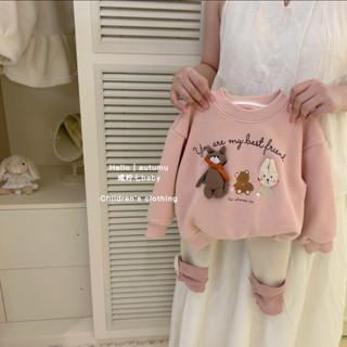 Set áo hồng quần nỉ cho bé gái kết hợp họa tiết con gấu xinh xắn dễ thương có trần bông ấm áp cho bé