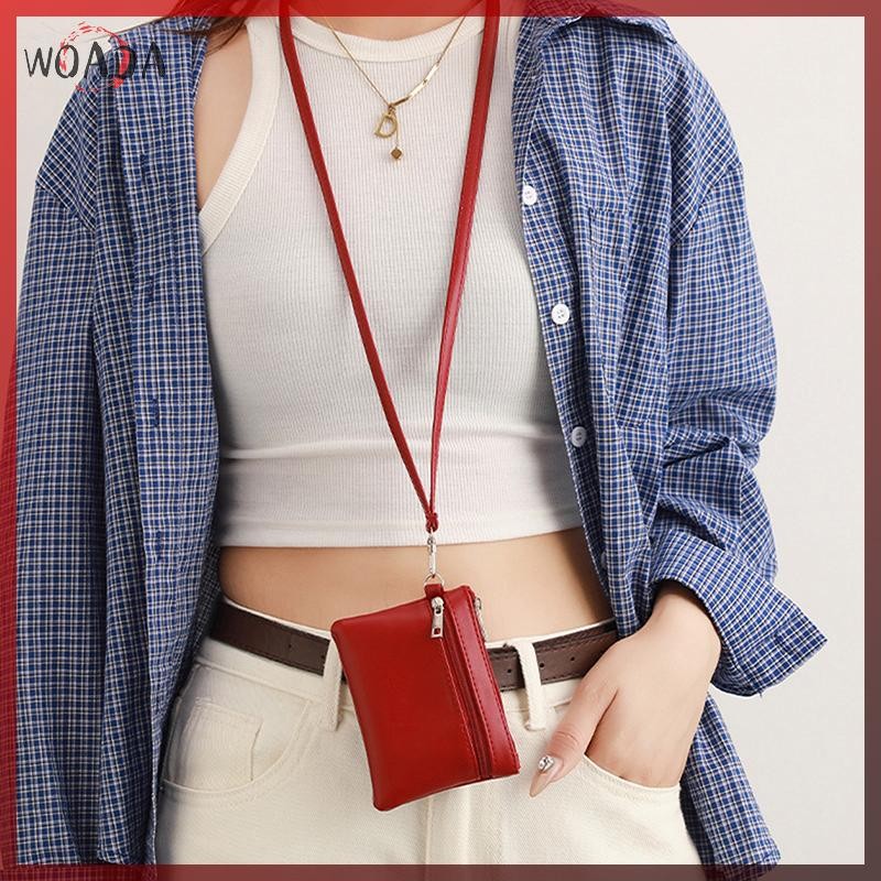 WOADA Màu Trơn Dây Kéo Đôi PU Mềm Treo Cổ Tiền Xu Ví Nữ Thay Đổi Nhỏ Túi Mềm Thẻ Mini Đựng Tiền Mặt 