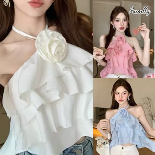 Áo crop top nhiều lớp nhún bèo gợi cảm hở lưng, hở rốn tua rua hoa hồng mùa hèáo 2 dây