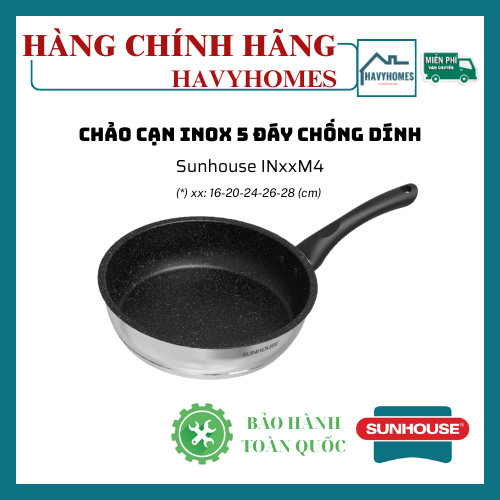 Chảo Cạn Inox 5 Đáy Chống Dính Sunhouse IN20M4/IN24M4/IN26M4/IN28M4 - Công Nghệ Dập Impact Bonding