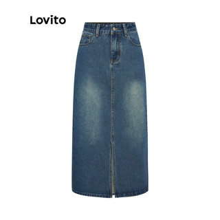   KOL‘s pick  Lovito Chân Váy Midi Vải Denim Màu Trơn Họa Tiết Sọc Xẻ Tà Phong L39AD079 