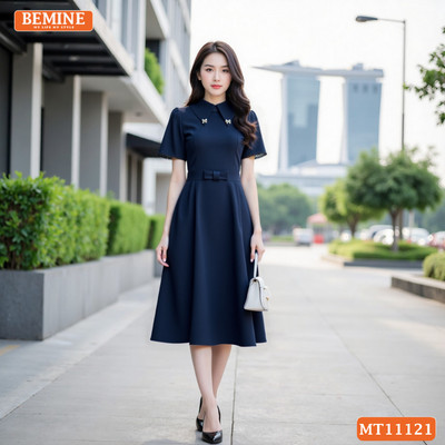 Đầm thiết kế BEMINE cổ đức đính đá dáng chữ A phù hợp đi làm-MT11121