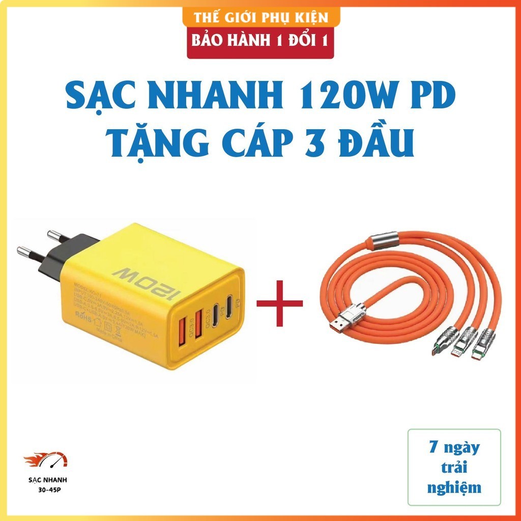 Củ sạc nhanh 4 cổng, 120W: 2 cổng Type C và 2 cổng USB – Tặng cáp sạc nhanh 3 đầu - Cốc sạc nhanh 12