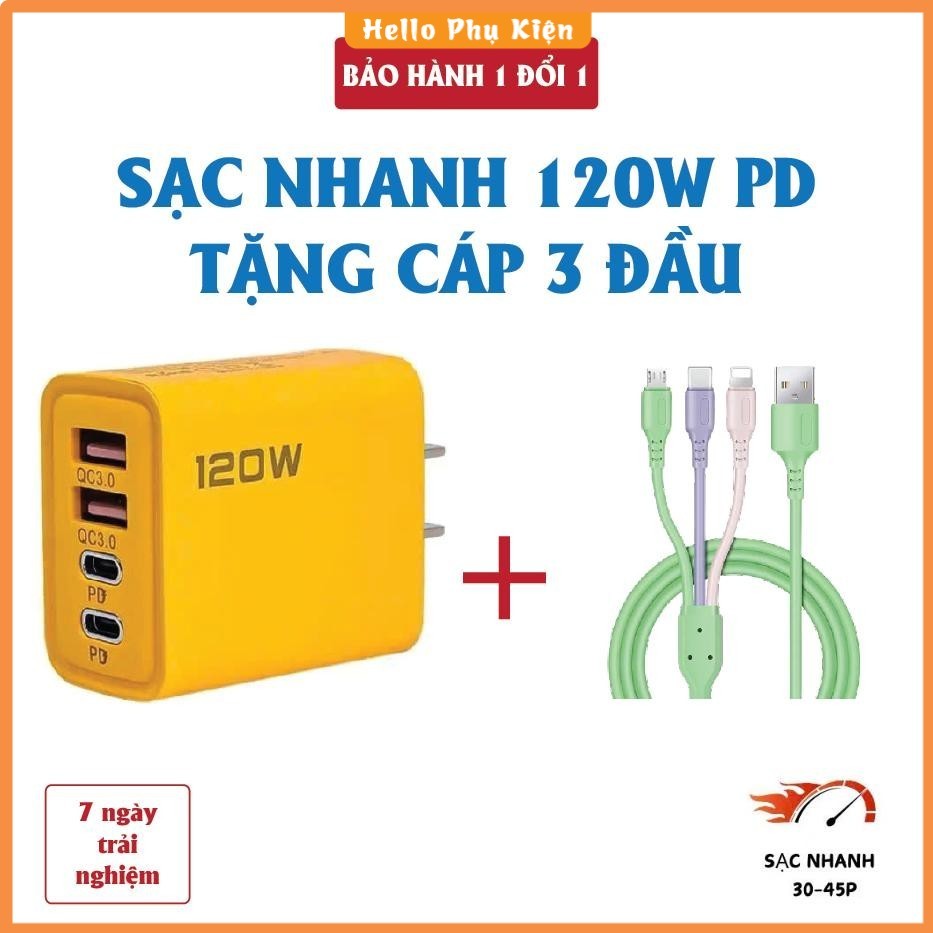 Cốc sạc nhanh 4 cổng, 120W: 2 cổng Type C và 2 cổng USB – Tặng cáp sạc nhanh 3 đầu – Củ sạc nhanh 12
