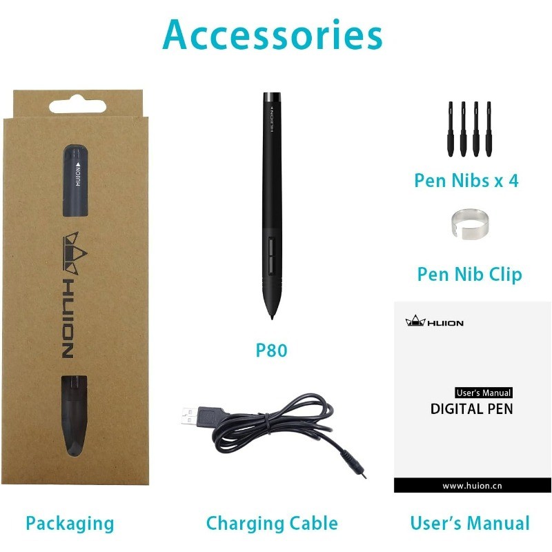 Huion P80 Bút kỹ thuật số có thể sạc lại cho máy tính bảng vẽ đồ họa Huion New 1060PLUS, WH1409 (204