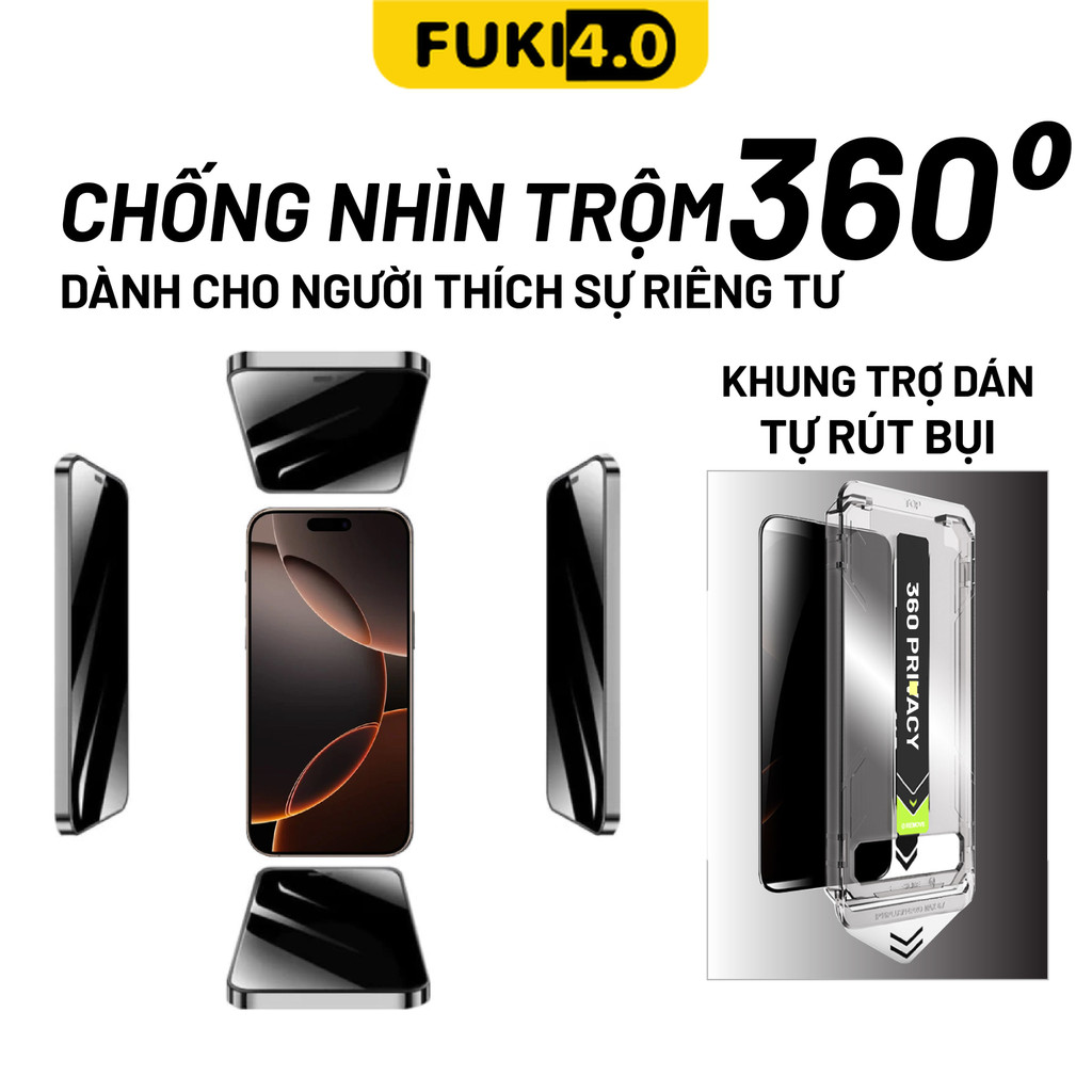 Kính cường lực iphone có khung tự dán tự hút bụi,chống nhìn trộm 360 độ cho iPhone iphone 16 ProMax 