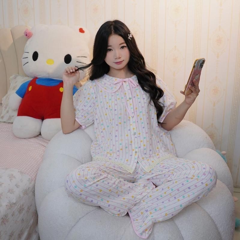 bộ ngủ nữ tiểu thư cổ sen cộc dài vải đũi bông mây mùa hè mặc đi ngủ mát mẻ thoải mái Women Quần Ngủ Áo Ngủ Cotton | BigBuy360 - bigbuy360.vn