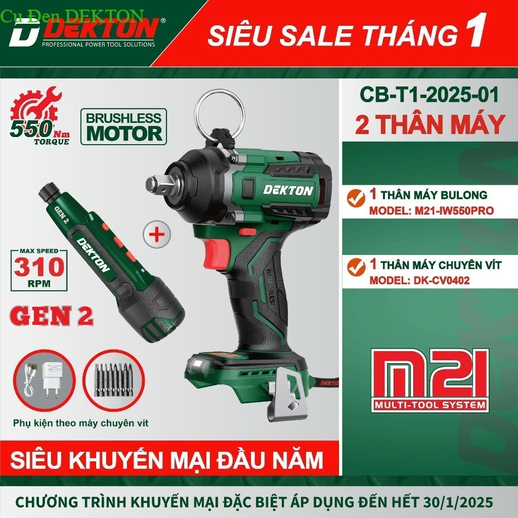 máy siết bulong Dekton M21-IW550 Pro Gen 2 2024 siêu mạnh New 100% Cu Đen DEKTON