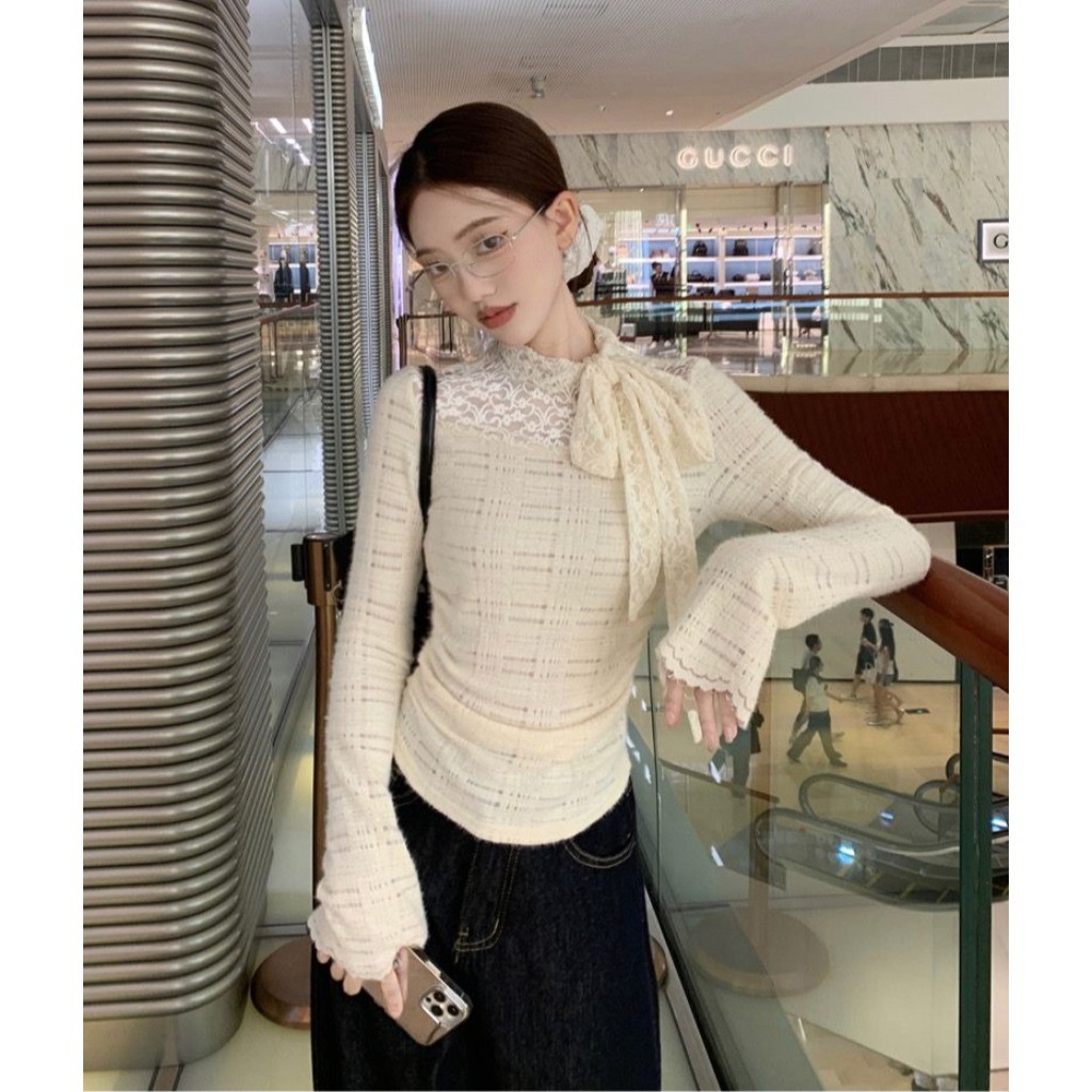 Meet-Adm Áo Thun Dài Tay Thắt Nơ Trắng Áo Crop Top Thời Trang Mùa Thu Mới | BigBuy360 - bigbuy360.vn