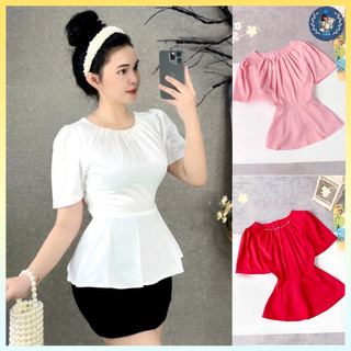 Áo sơ mi kiểu nữ peplum cổ xếp ly đính ngọc có chun lưng giấu bụng hiệu quả