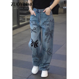 ZUOYINMO quần ống rộng quần nữ jean Phong cách Thể thao INS hàn quốc WNK24706RH 31Z240731