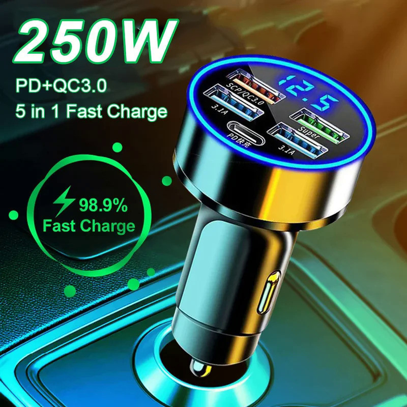5 Ports Fast Charge PD QC3.0 USB C 250W LED Car Charger Car Phone Charger Type C Adapter in Car For 