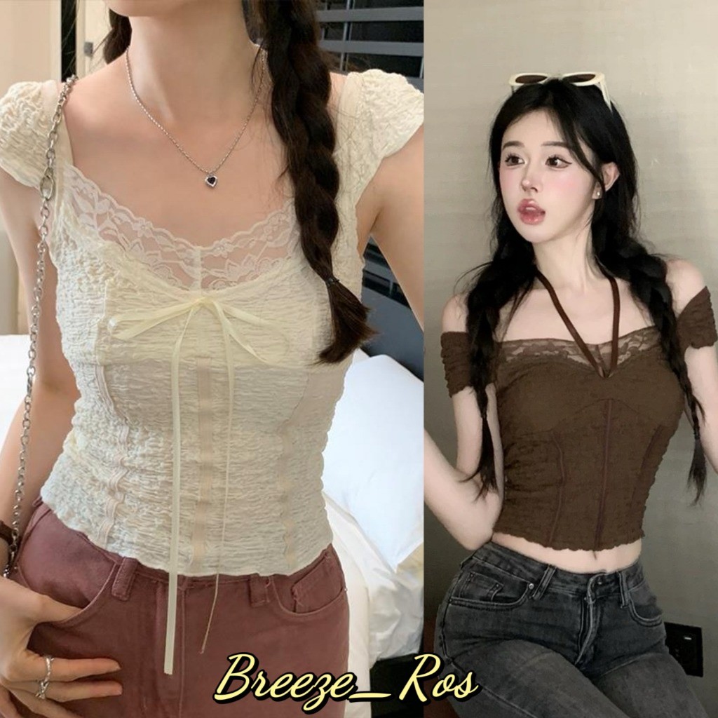 Breeze_Ros Áo Thun Nữ Cổ Chữ V Ren Mùa Hè Áo Vest Ngắn Thời Trang Mỏng Mới