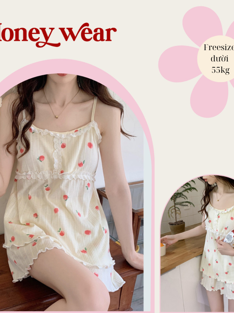 {Home pajamas} [HÀNG MỚI VỀ] Bộ Đũi Hai Dây Hoa Vàng (Có Mút) Mặc Nhà Honey Wear Pijama Nữ, Bộ Hai