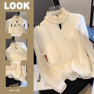 Áo Sơ Mi chiffon Cổ Đứng Đính Ngọc Trai Phong Cách Pháp Thời Trang Cho Nữ