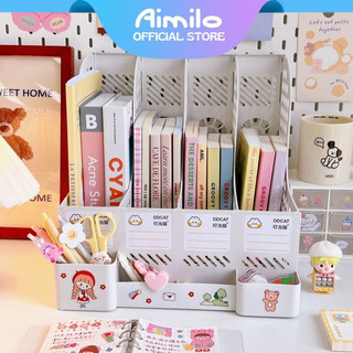 【Aimilo】(Tặng Sticker) Kệ Đựng Tài Liệu Văn Phòng 4 Ngăn Kèm Khay Đựng Bút, Kệ Đựng Sách Vở Để Bàn Gấp Gọn