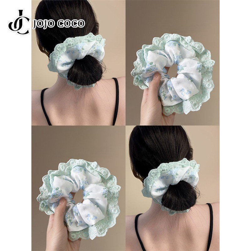 Jojo COCO Dây buộc tóc in hoa màu xanh Băng đô Scrunchies