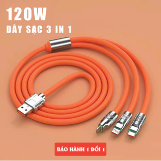 Cáp Sạc Nhanh 3 Đầu 120W Dài 1.2m, Cáp sạc hợp kim kẽm, có đèn LED, siêu bền.Dây sạc 3 in 1, Cáp sạc điện thoại