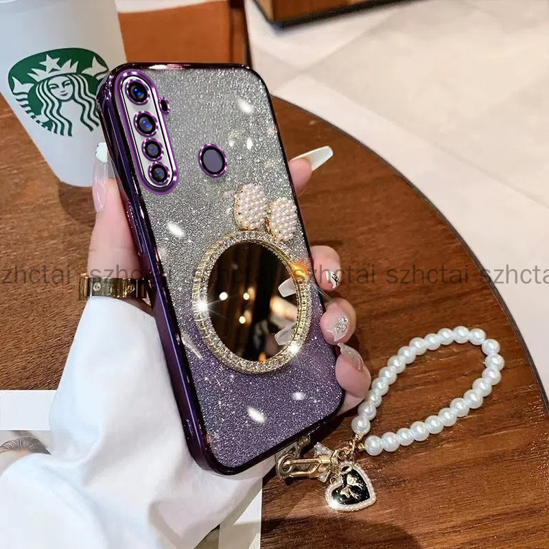 Ốp lưng Realme 5 5i 5s 6i c3 5 Pro Mỹ phẩm sang trọng Gương trang điểm Giá đỡ Vỏ mềm có dây buộc Vỏ điện thoại cho bé gái