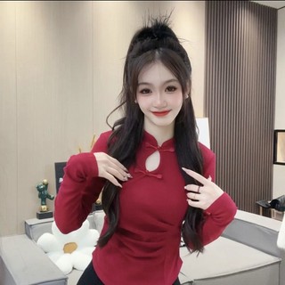 Áo phong cách Trung Quốc mới Jiashucheng áo mặc trong cúc cài phong cách Trung Quốc Màu Đỏ kiểu Tây thu đông mẫu mới ôm dáng cổ cao nửa mặc trong