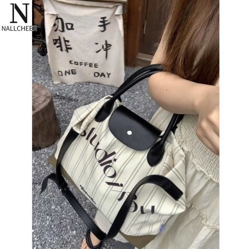 Nallcheer Túi xách thiết kế in chữ vải sọc đơn giản dung tích lớn túi tote phong cách ins
