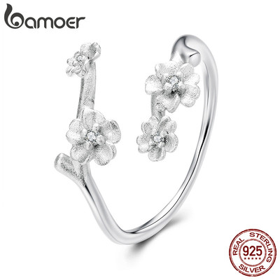 BAMOER Thiết Kế Ban Đầu Bạc 925 Mở Nhẫn Có Thể Điều Chỉnh Kích Thước Hoa Mai Trang Sức Thời Trang Quà Tặng Cho Nữ