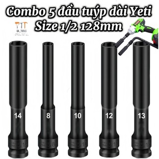  Combo 5 đầu tuýp đen Yeti size 1 2 dài 128mm cờ lê tác động đầu socket lục giác gắn máy bulong cần siết vặn đai ốc 