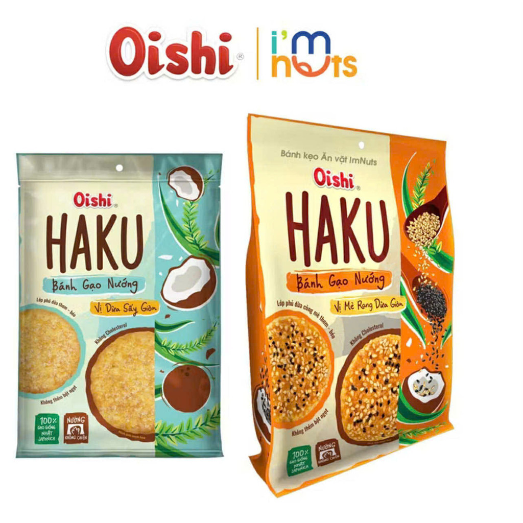 Thùng 20 Gói Bánh Gạo Nướng HAKU Oishi Vị Dừa & Vị Mè Sấy Giòn bịch 138g (gồm 16 gói nhỏ bên trong)