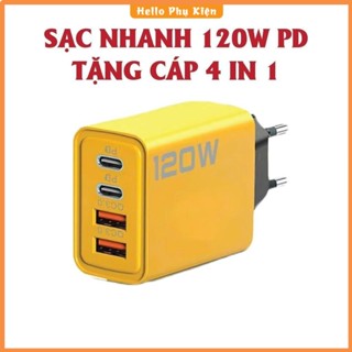 Cốc sạc 4 cổng, 120W gồm: 2 cổng Type C + 2 cổng USB, Bộ sạc nhanh 4 trong 1, Cáp sạc nhanh 4in1, Củ sạc nhanh