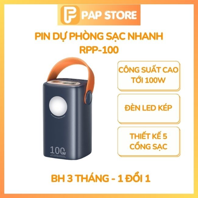 Pin dự phòng sạc nhanh RPP-100 60000mAh hỗ trợ QC 22.5W và PD TypeC input và output 100W - PAP STORE