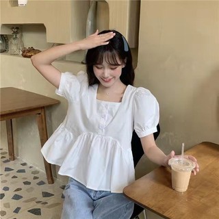 Áo sơ mi ngắn tay mới Đơn giản Maill Puff tay áo phong cách Hàn Quốc