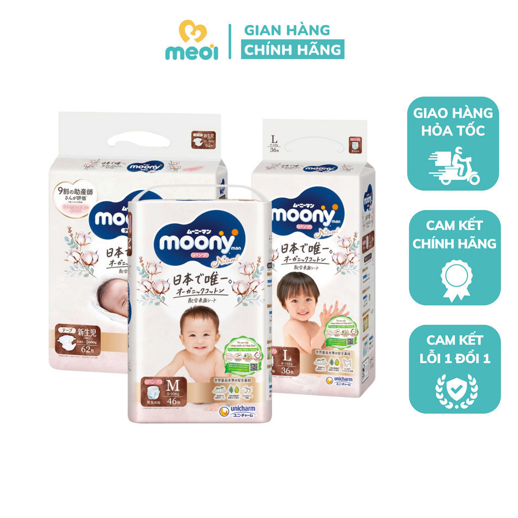 Bỉm Moony Natural Nhật hàng nhập khẩu, tem phụ unicharm thấm hút tốt