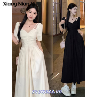 Xiang Nian Ni Nhẹ nhàng Trưởng Thành Tay Ngắn Nữ Giảm Béo Nguyên Chất Desire Phong Cách Pháp Cổ Chữ V Eo-Slimming Đầm Dài