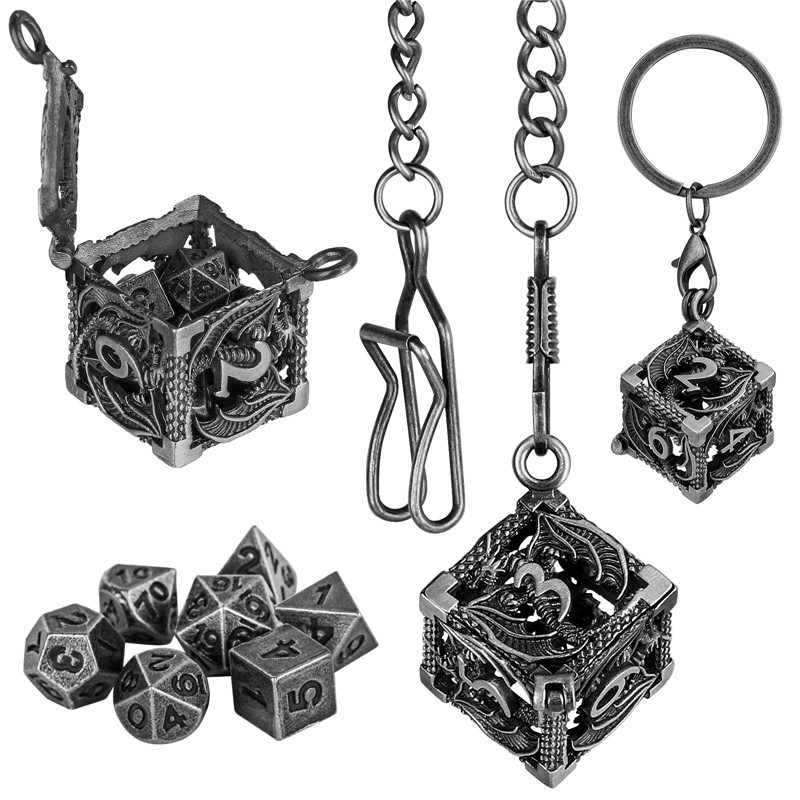 Tiny 7pcs Polyhedral Metal DND Dice Set with Portable Keychain Hollow D6 Metal Case Necklace Pendant