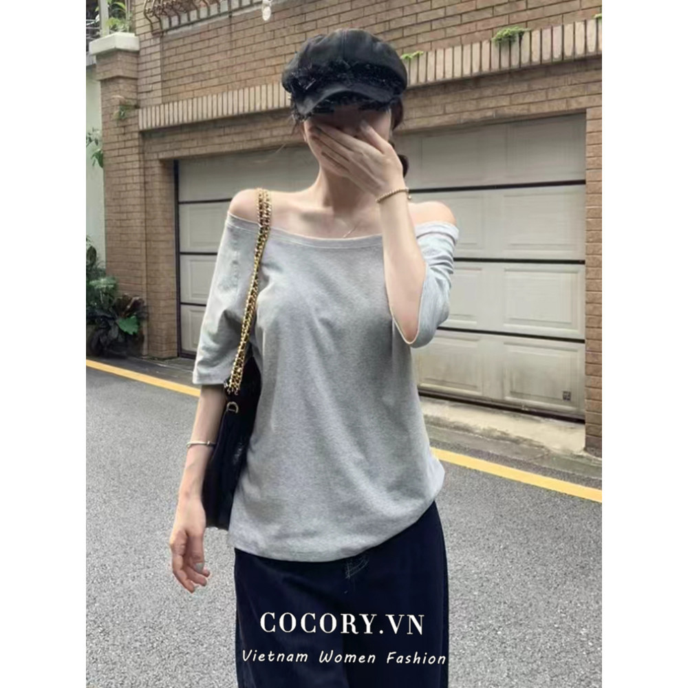 Cocorygirl Áo thun nữ phiên bản Hàn Quốc màu xám một vai nghiêng vai dáng rộng lệch vai hottie top