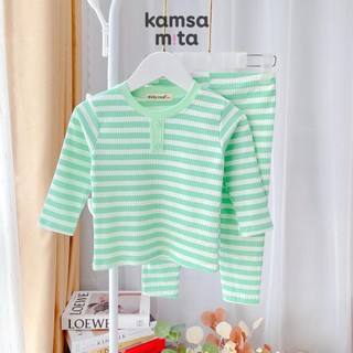 Bộ Dài Tay Cho Bé Trai, Bé Gái KIMCHI Vải Thun Gân Hoạ Tiết Sọc Ngang Cúc Cổ, Bộ Quần Áo Trẻ Em Thu Đông KWTD2105