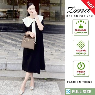 Váy bầu, Đầm bầu công sở cổ bèo kết hợp dây thắt nơ ngực chất liệu lụa hàn có túi hai bên