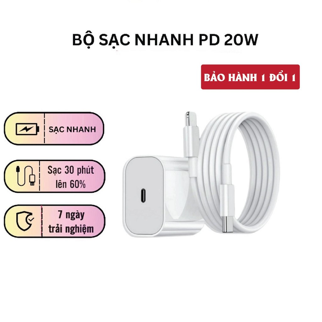 Bộ sạc nhanh 20W PD (củ sạc + cáp sạc nhanh) cho 5-14PRM. Sạc 60p lên 80% Pin. Củ sạc điện thoại, Dâ
