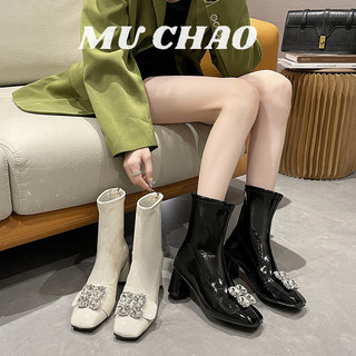 Muchao Giày cao gót mũi vuông màu đỏ đính kim cương dày đa năng ống co giãn vừa