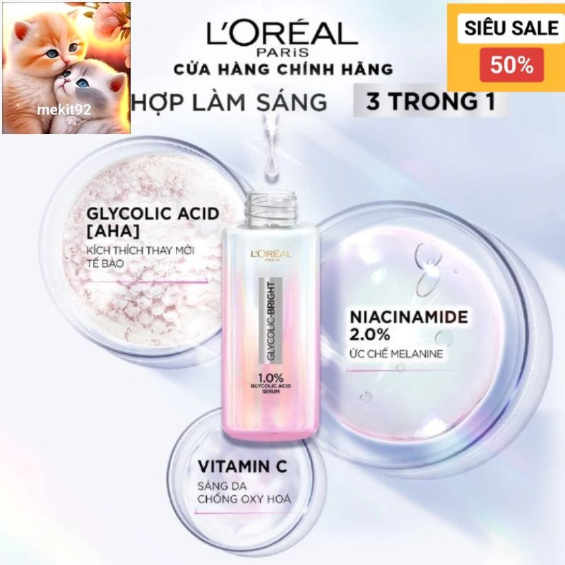 Serum L'oreal sáng da tức thì mờ thâm nám Loreal paris glycolic-bright instant glowing serum 1.0%
