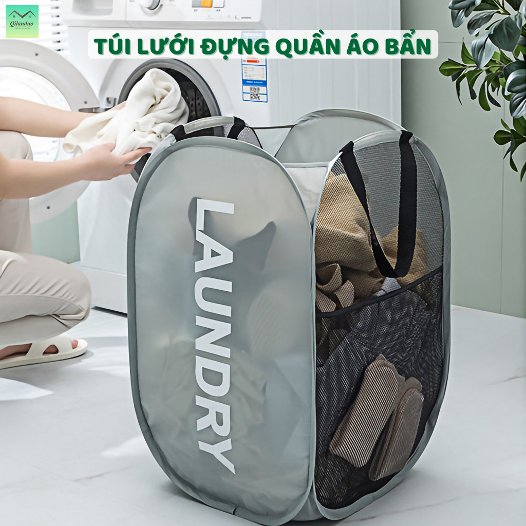 Giỏ đựng quần áo bẩn chất liệu  thiết kế dạng lưới thoáng khí chống ẩm mốc gấp gọn có tay cầm